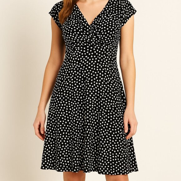 Jones New York Women’s 14 Polka Dot A-Line Dress Black White Twist Front Midi - Picture 2 of 8